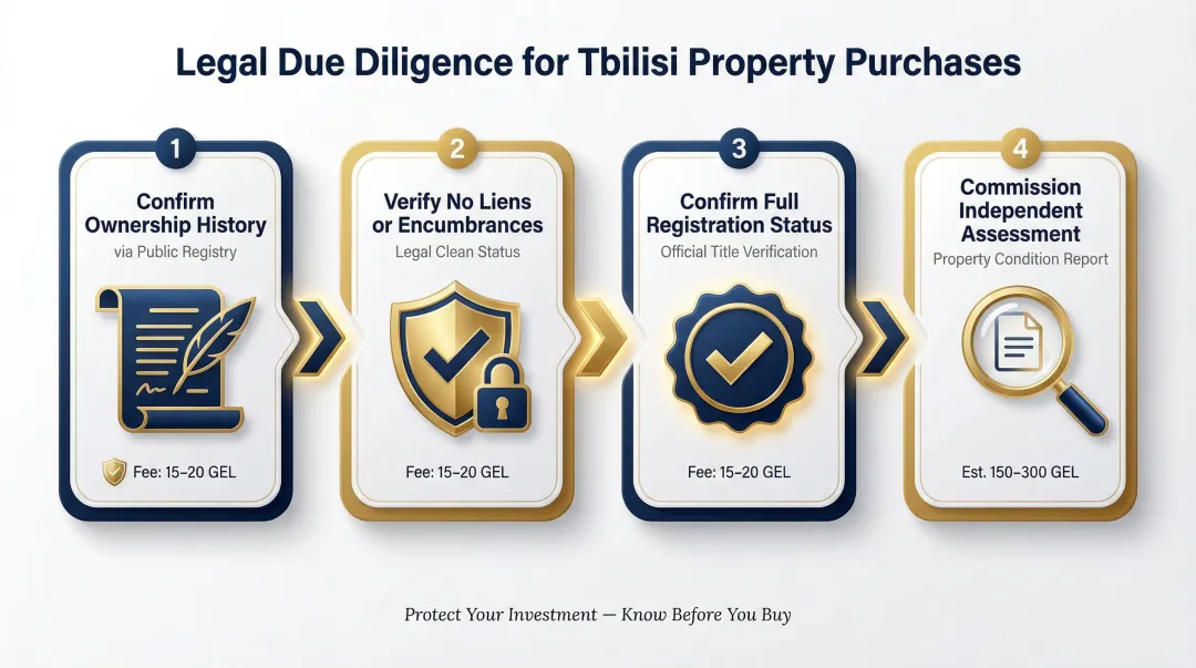 4-step Tbilisi property legal due diligence checklist process flow infographic