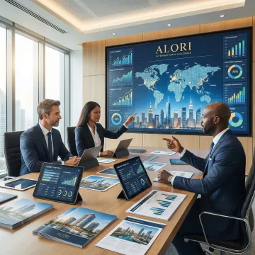 Professional real estate investment advisors analyzing international property market data and growth opportunities