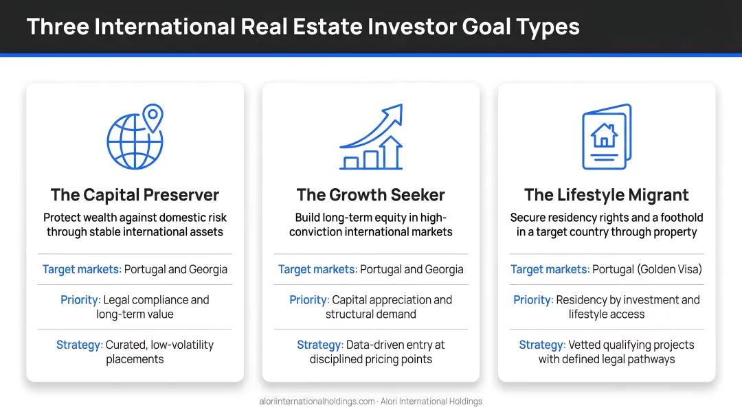 Three international real estate investor goal types comparison infographic