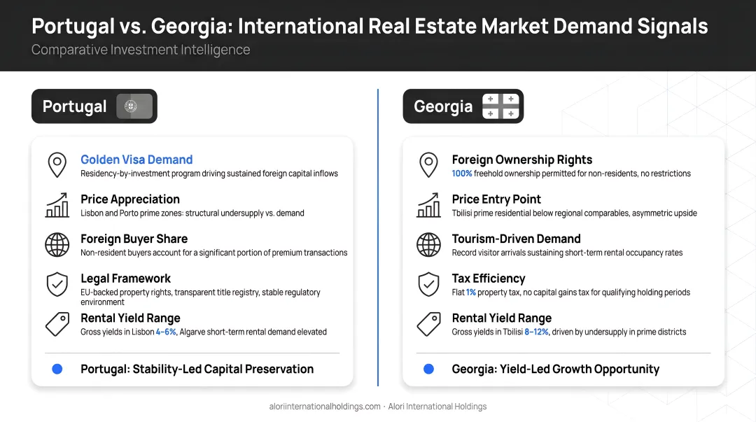 Portugal and Georgia international real estate market demand signals comparison infographic