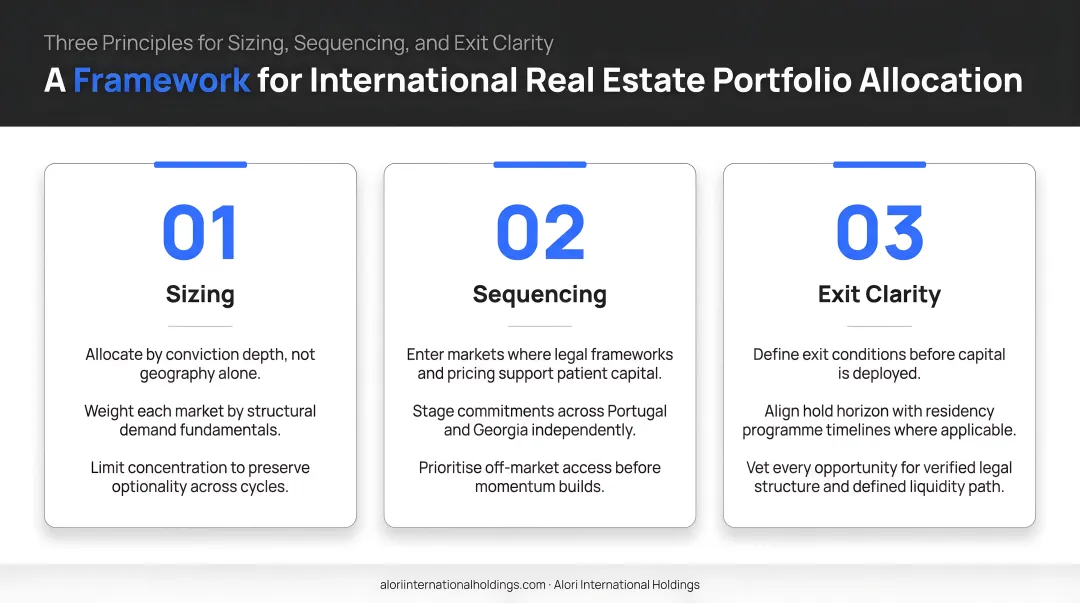 Three-principle international real estate portfolio allocation framework sizing sequencing exit clarity