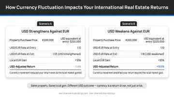 Currency fluctuation impact on international real estate returns USD EUR example