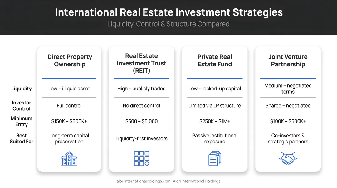 Four international real estate investment strategies comparison chart with liquidity and control