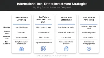 Four international real estate investment strategies comparison chart with liquidity and control