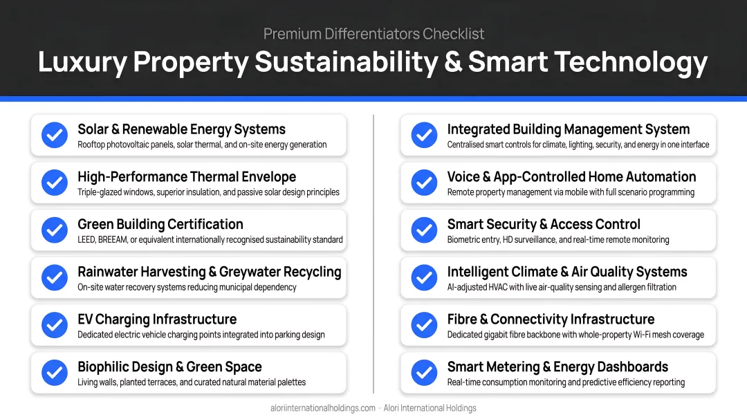 Luxury property sustainability and smart technology features green premium differentiators checklist