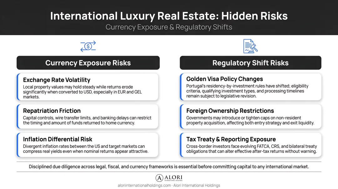 International luxury real estate hidden risks currency exposure and regulatory shifts diagram