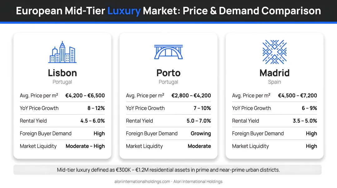 European mid-tier luxury market comparison Lisbon Porto Madrid price and demand factors