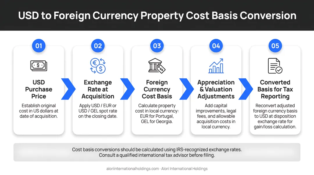 USD to foreign currency property cost basis conversion process flow diagram
