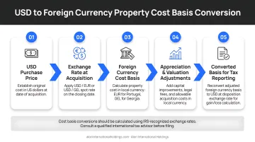 USD to foreign currency property cost basis conversion process flow diagram