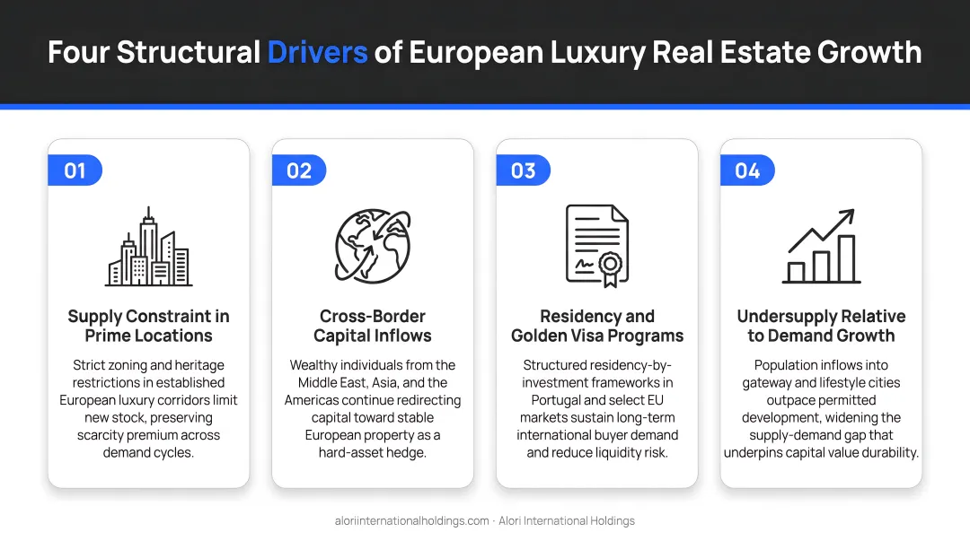 Four structural drivers of emerging European luxury real estate market growth infographic