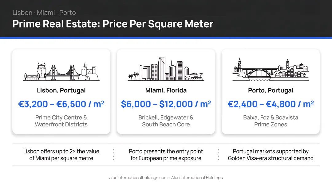 Prime international real estate price comparison Lisbon Miami Porto per square meter