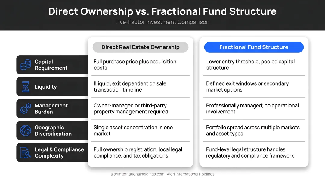 Direct real estate ownership versus fractional fund structure five-factor comparison chart
