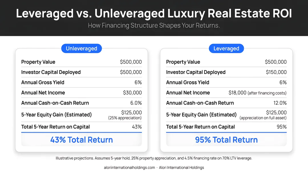 Leveraged versus unleveraged luxury real estate ROI comparison side-by-side infographic