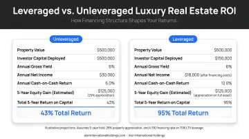 Leveraged versus unleveraged luxury real estate ROI comparison side-by-side infographic
