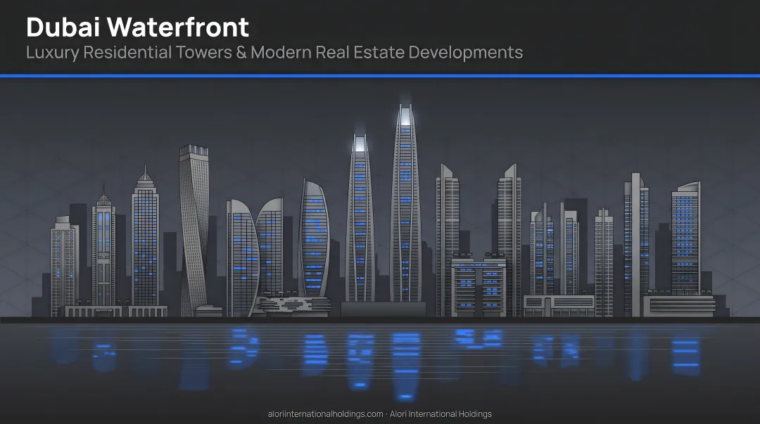 Dubai waterfront skyline with luxury residential towers and modern real estate developments