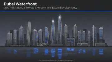 Dubai waterfront skyline with luxury residential towers and modern real estate developments