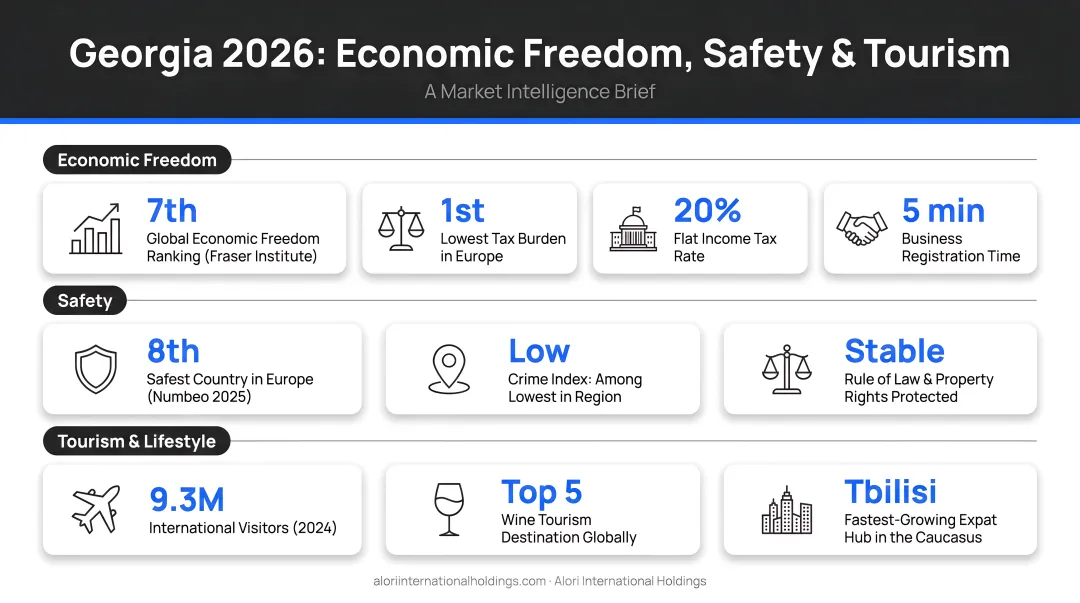 Georgia 2026 economic freedom safety and tourism statistics comparison infographic