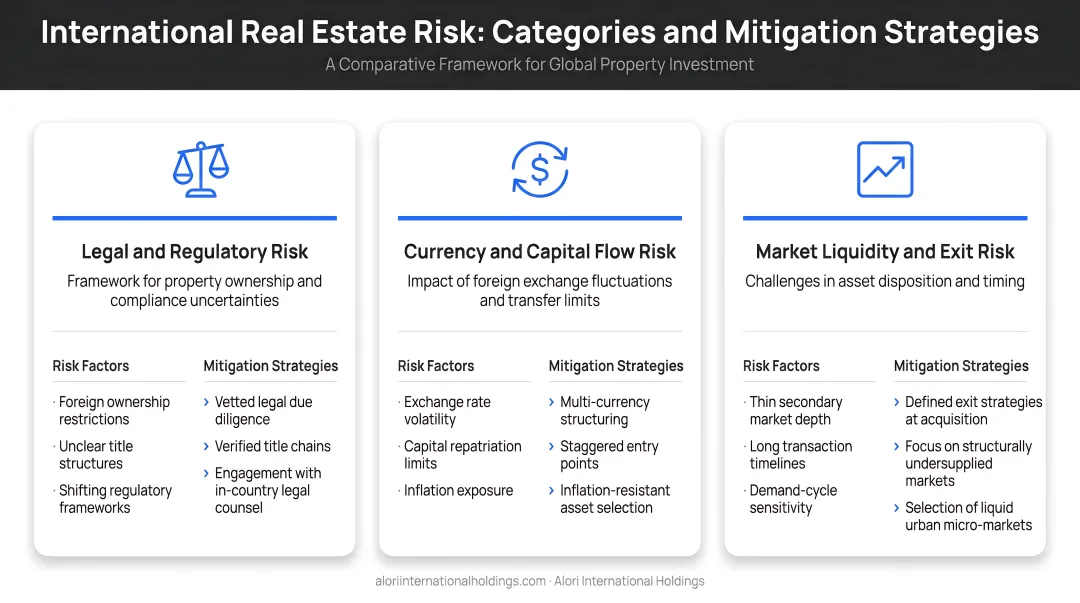 Three international real estate risk categories with mitigation strategies side-by-side comparison