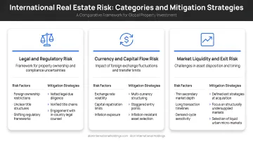 Three international real estate risk categories with mitigation strategies side-by-side comparison