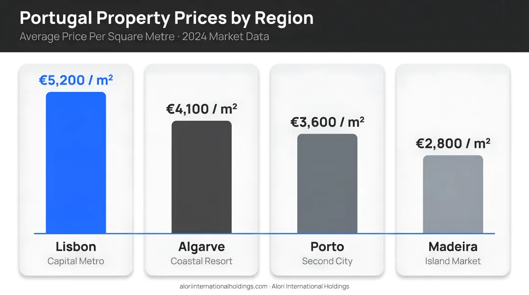 Portugal property price comparison across Lisbon Porto Algarve and Madeira per square meter