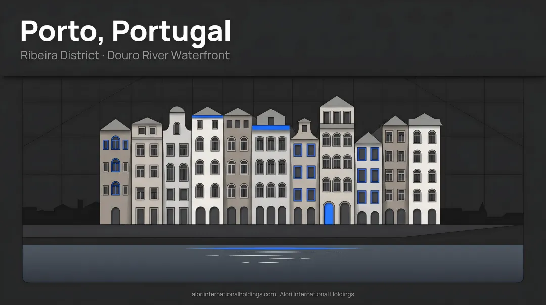Porto riverside Ribeira district colorful buildings and Douro River waterfront view
