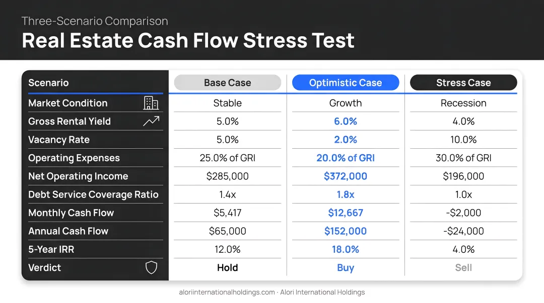 Three-scenario real estate cash flow stress test comparison table infographic