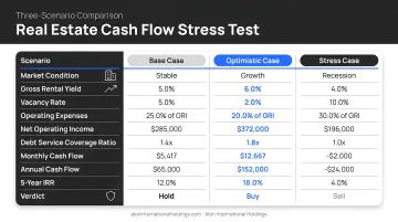 Three-scenario real estate cash flow stress test comparison table infographic