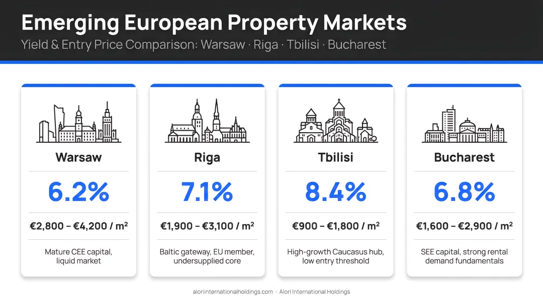 Warsaw Riga Tbilisi Bucharest emerging European property markets yield and entry price comparison