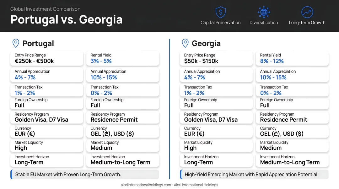 Portugal versus Georgia real estate investment metrics side-by-side comparison infographic
