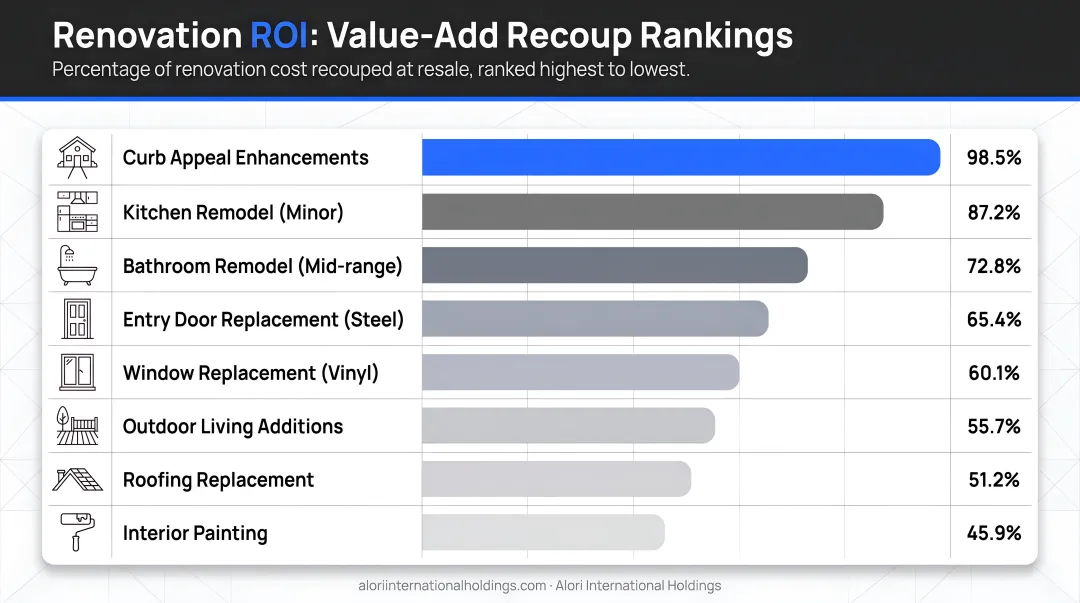 Value-add renovation ROI recoup percentages ranked from highest to lowest return