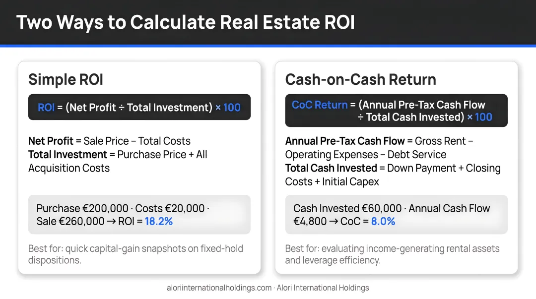 Two real estate ROI calculation methods comparison chart with formulas