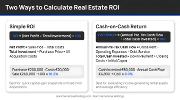 Two real estate ROI calculation methods comparison chart with formulas