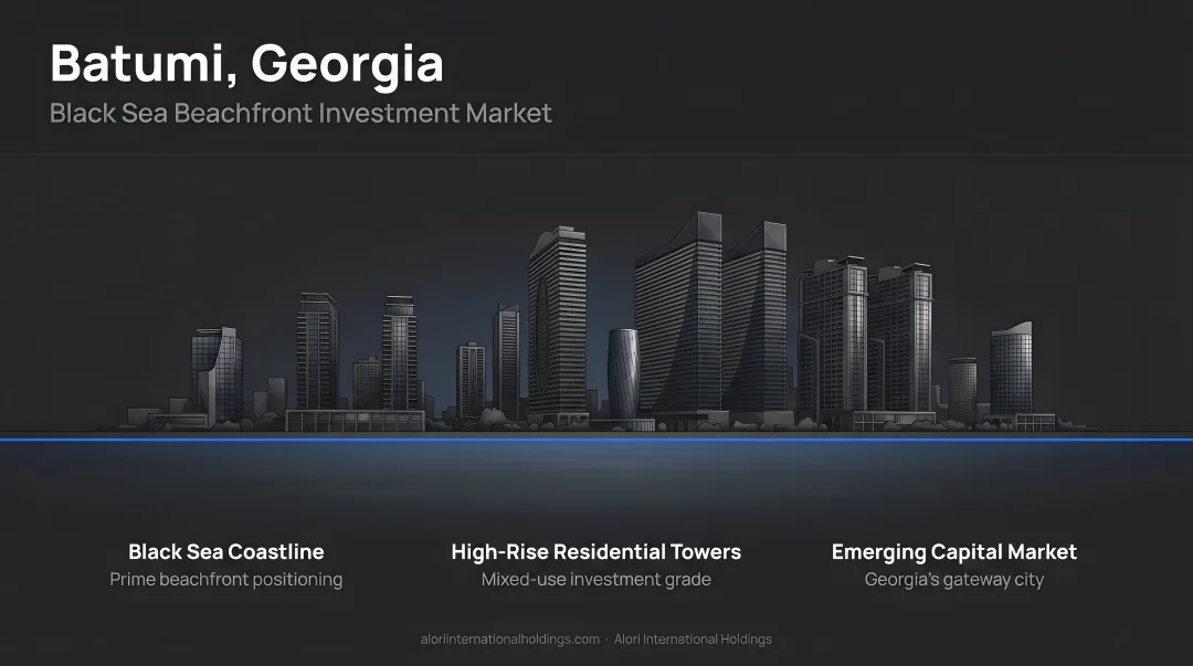 Batumi Black Sea beachfront skyline with high-rise apartment towers and coastline