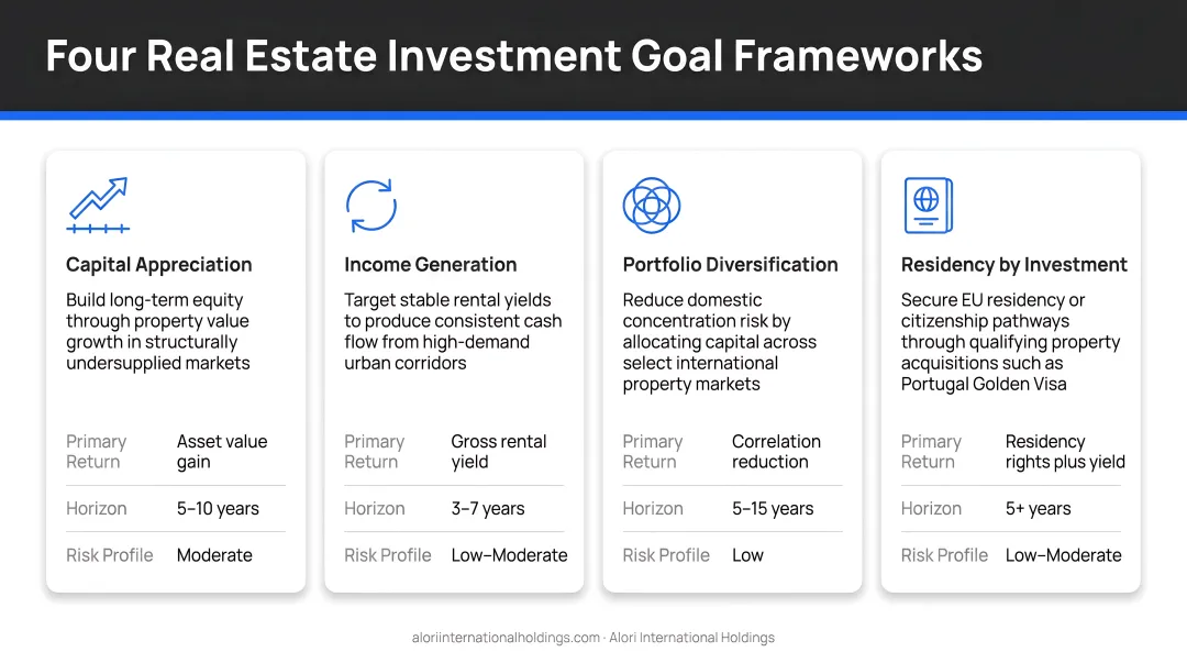 Four real estate investment goal frameworks comparison infographic for portfolio building