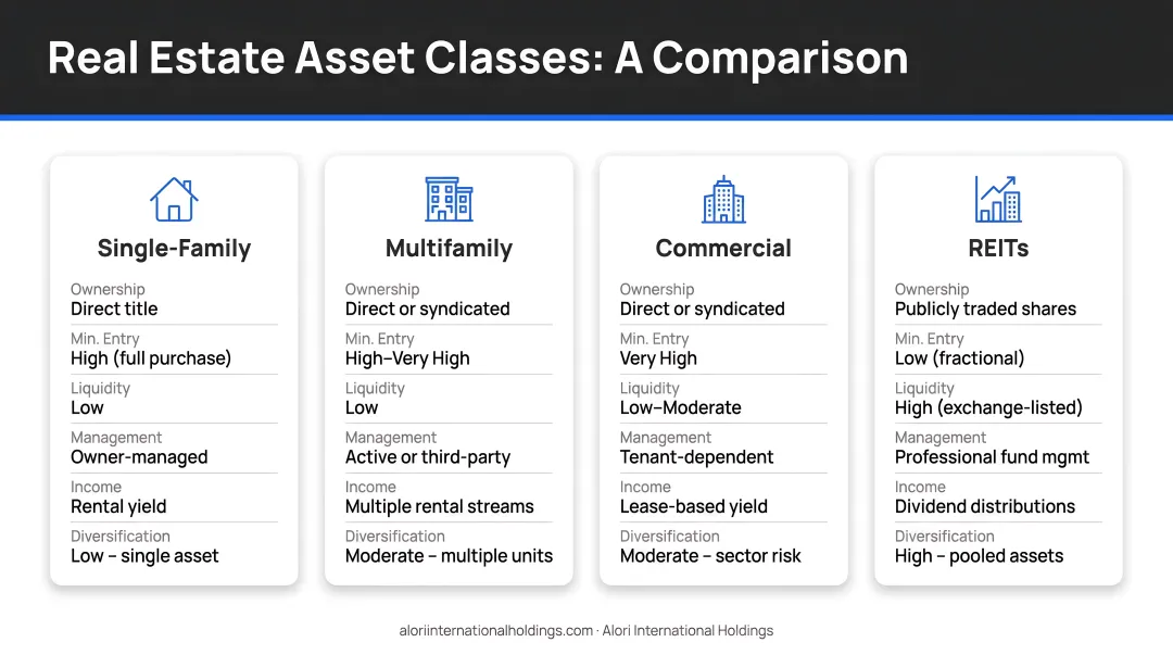 Four real estate asset class comparison infographic single-family multifamily commercial REITs