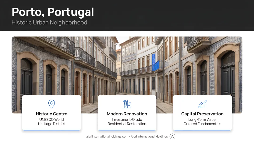 Porto Portugal historic urban neighborhood street with modern renovation and residential buildings