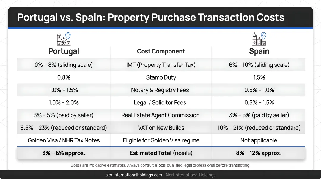 Portugal versus Spain property purchase transaction costs breakdown comparison chart