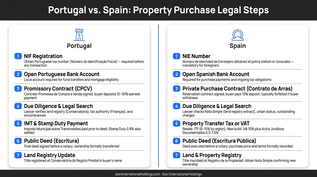 Portugal versus Spain property purchase legal steps side-by-side comparison infographic