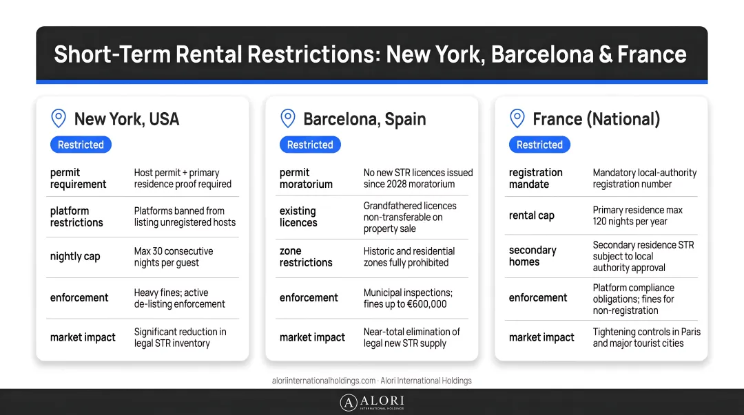 Short-term rental regulatory restrictions in New York Barcelona and France comparison