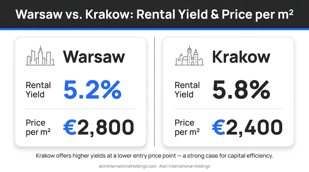 Warsaw and Krakow Poland rental yield and price per square meter comparison chart