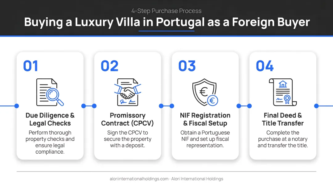 4-step Portugal luxury villa purchase process for foreign buyers timeline infographic