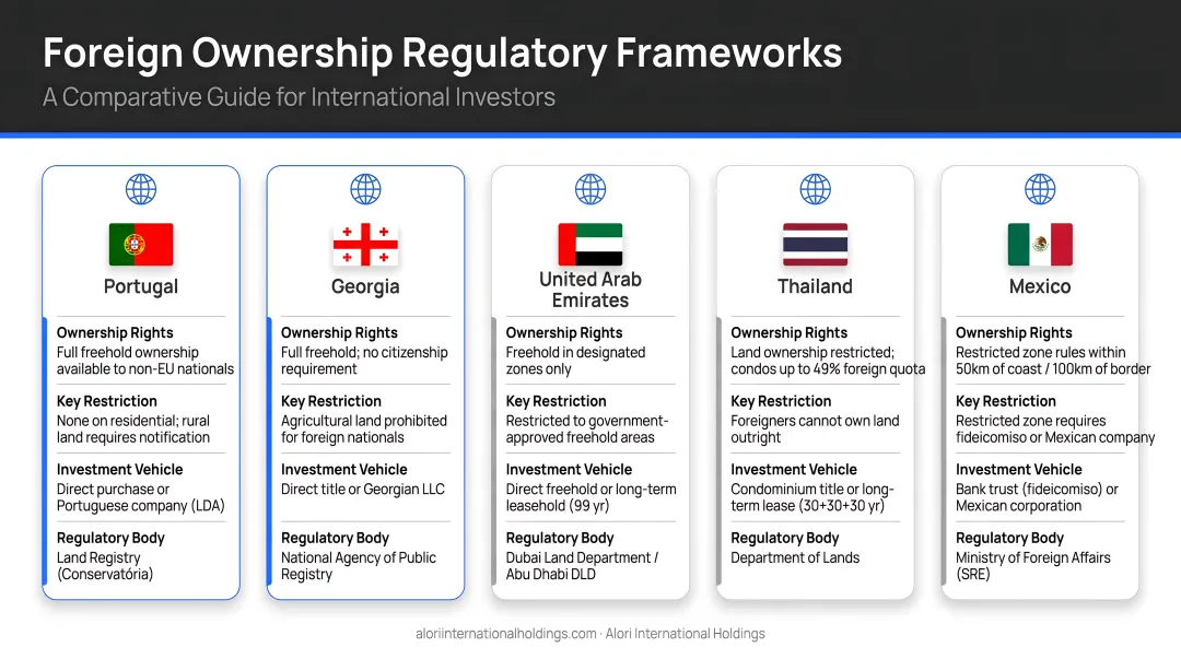 Five country foreign ownership regulatory framework comparison infographic for international investors