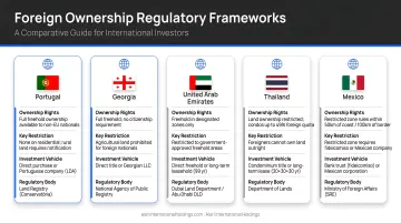 Five country foreign ownership regulatory framework comparison infographic for international investors