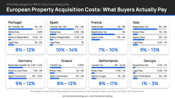 European property acquisition cost breakdown by country showing 8 to 15 percent total fees