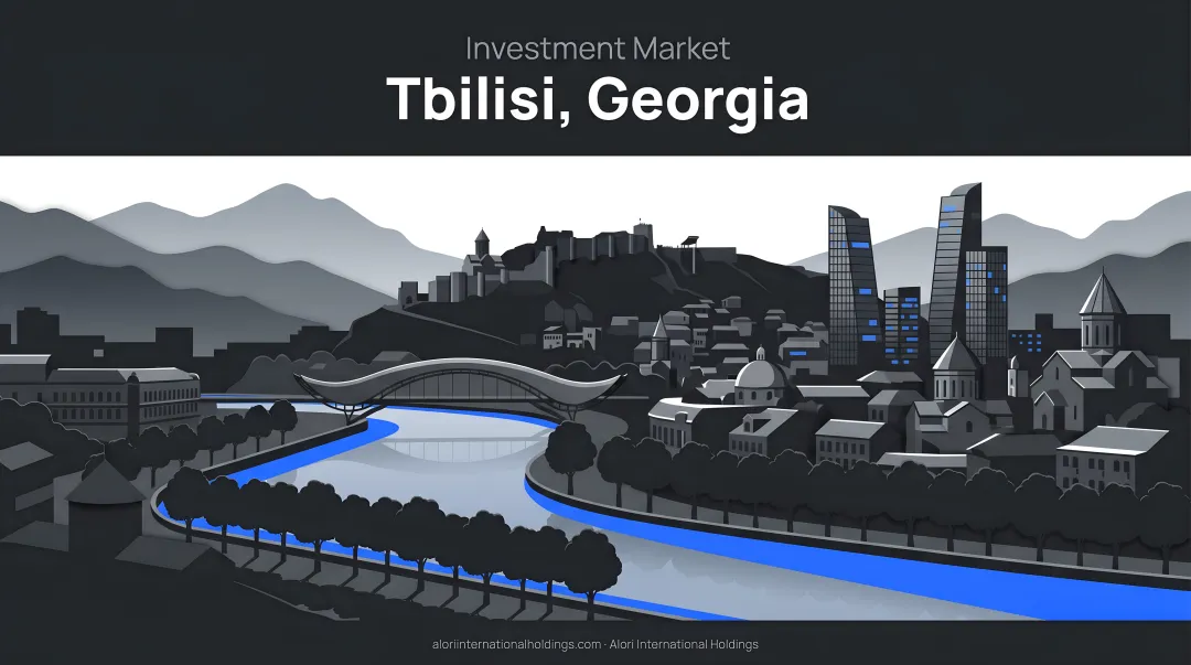 Georgia Tbilisi cityscape overlooking modern and historic districts with Caucasus mountains