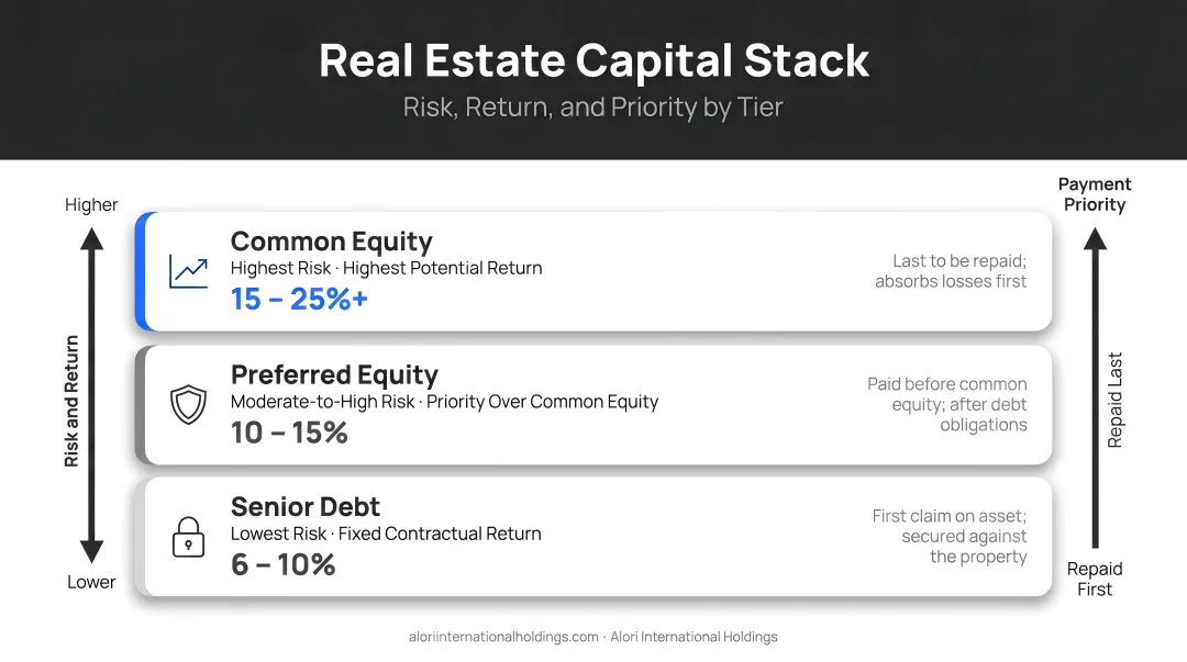 Real estate capital stack showing equity preferred equity and debt risk return profiles