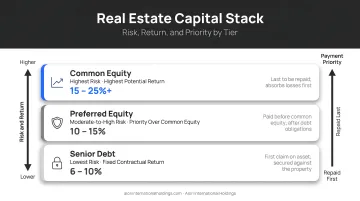 Real estate capital stack showing equity preferred equity and debt risk return profiles