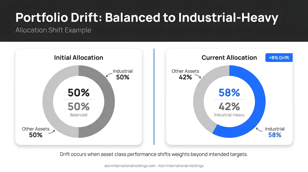 Portfolio drift example showing allocation shift from balanced 50-50 to industrial-heavy 58-42
