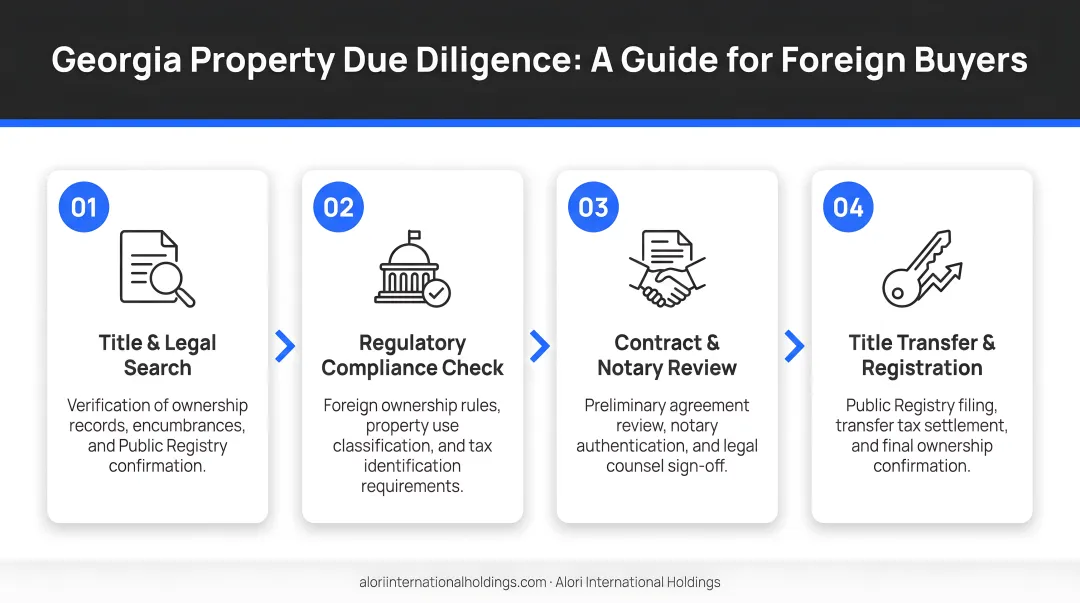 4-step Georgia property due diligence process flow for foreign buyers infographic