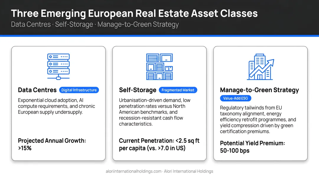 Three emerging European real estate asset classes data centres self-storage manage-to-green strategy